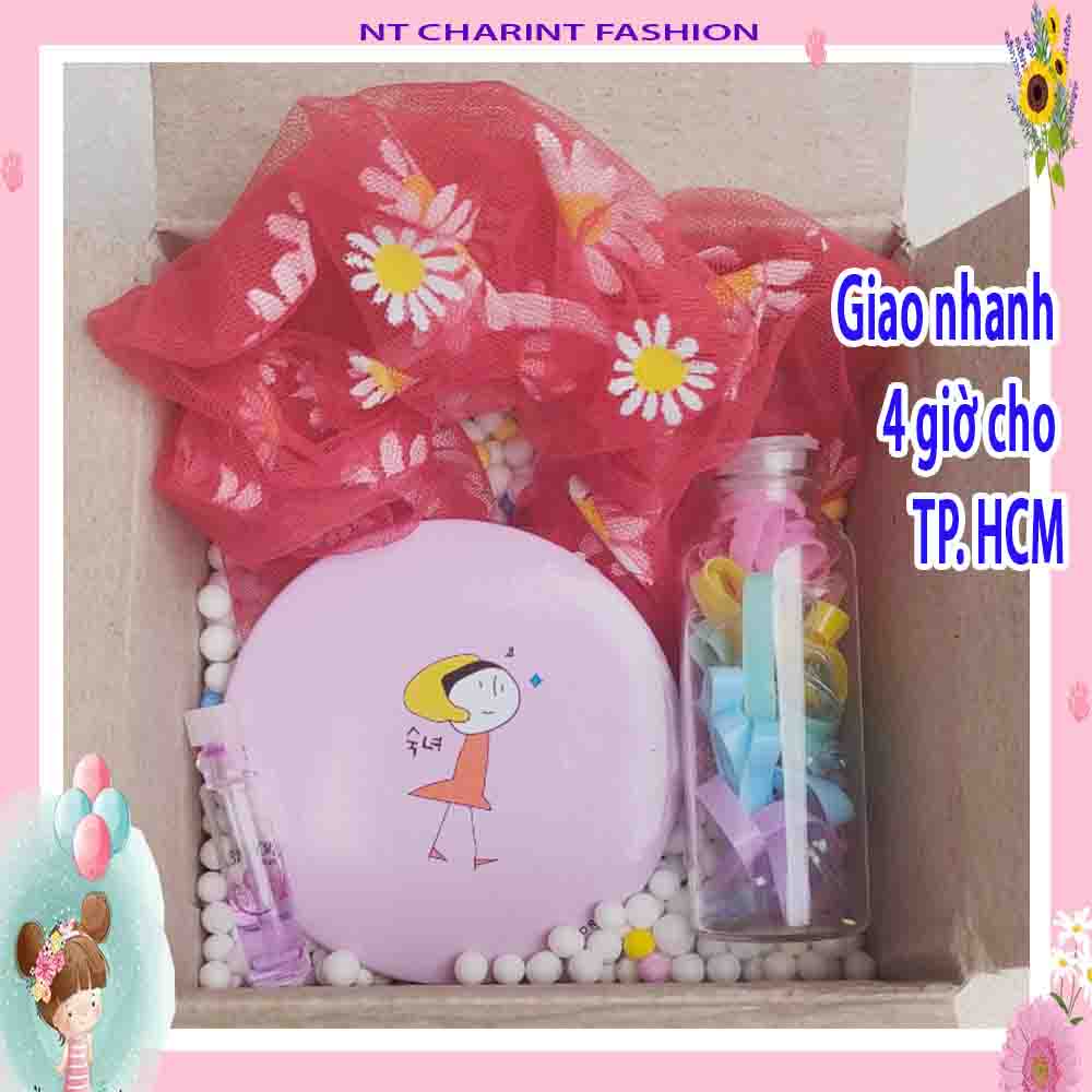 Bộ quà tặng nữ, NT CHARINT, gồm cột tóc Scrunchies+mặt kính+bình chun cột tóc cute + Nước hoa mini, có 7 màu để lựa chọn