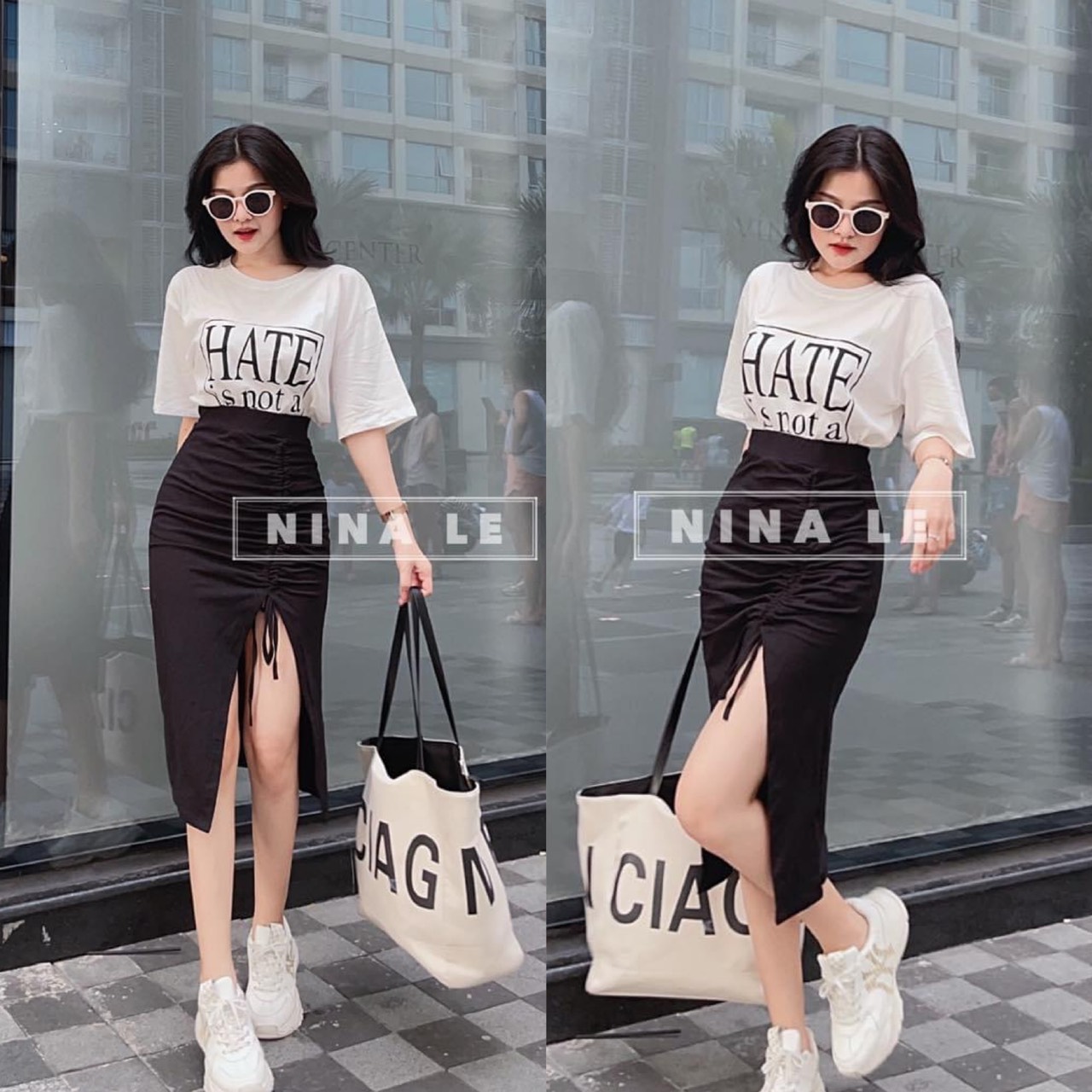 Set bộ chân váy xẻ tà ôm body kèm áo in chữ from rộng thời trang nữ dạo phố, dự tiệc