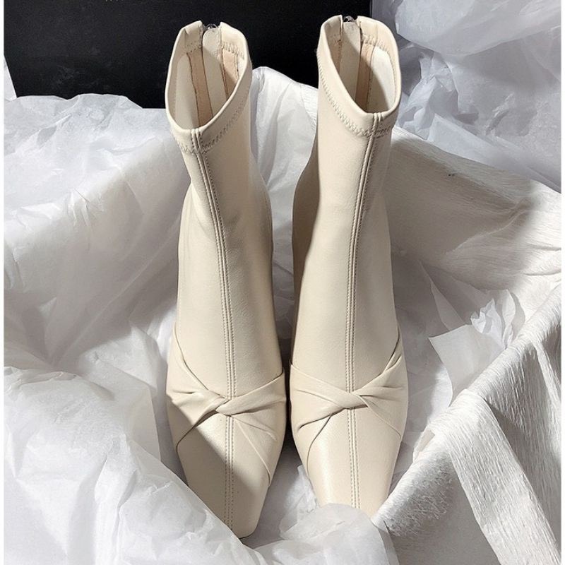 Women's High Heel Boots with Bow Tie and Matte Leather Buckle on the Side of the Square Heel 7cm Extremely Beautiful, Super Cheap - Code 1099