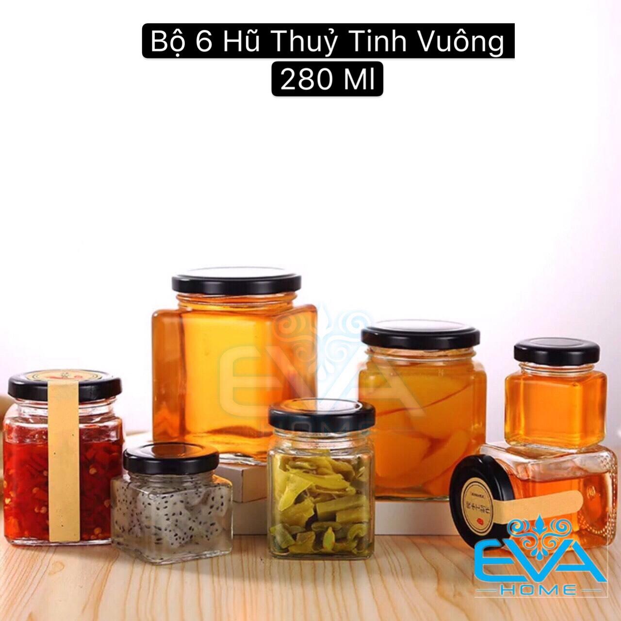 Bộ 6 hũ thủy tinh vuông nắp vặn dung tích 280 ml