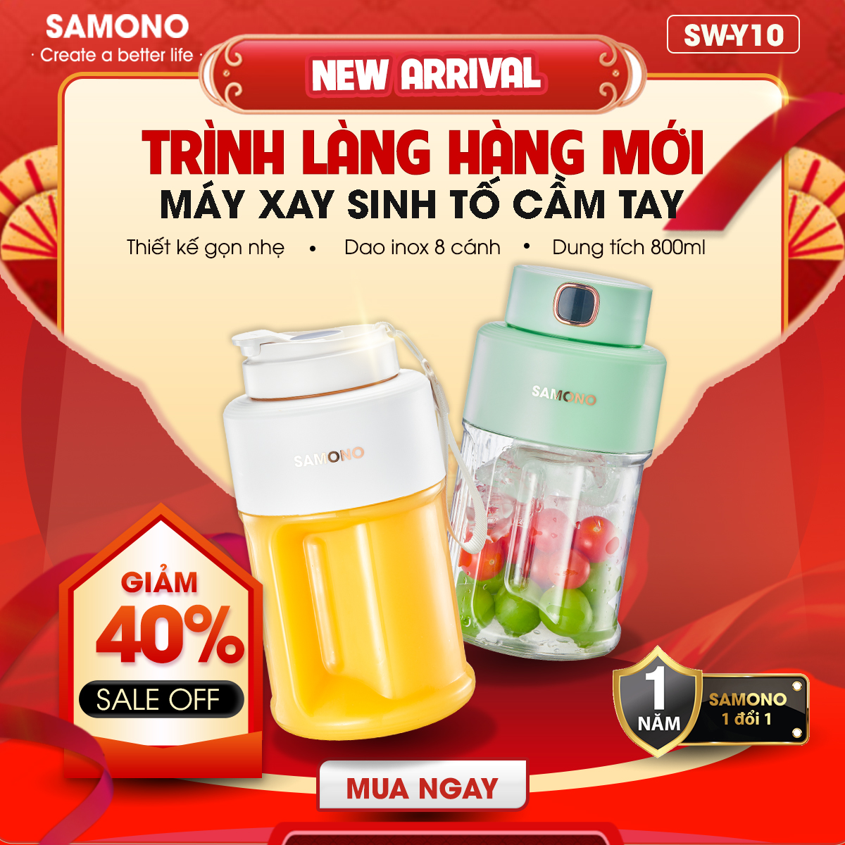 ( BH 1 năm) Máy Xay Sinh Tố Cầm Tay Mini Samono SW-Y10 Sạc Tích Điện 2600mAh, 60W, Nhỏ Gọn Dung Tích 800ml, dao inox 8 cánh, 2 nắp, tặng kèm 1 ổng hút, 1 dây xách