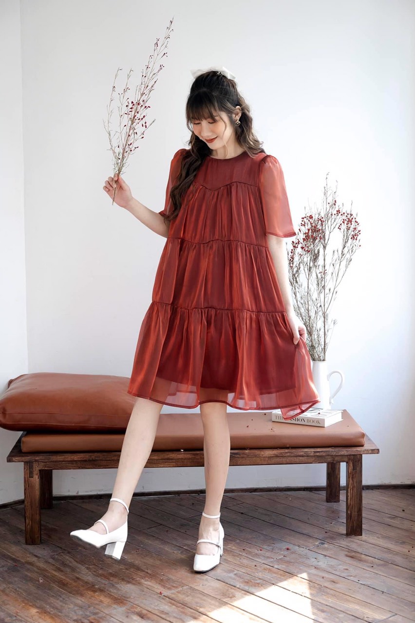 Đầm bầu dự tiệc cưới cao cấp organza V39 FREESHIP váy bầu xinh công sở màu cam đất hàng thiết kế full size S M L cho mẹ bầu