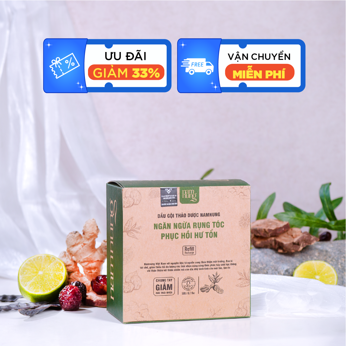Túi refill dầu gội thảo dược bồ kết hà thủ ô chanh gừng bưởi namnung 500ml