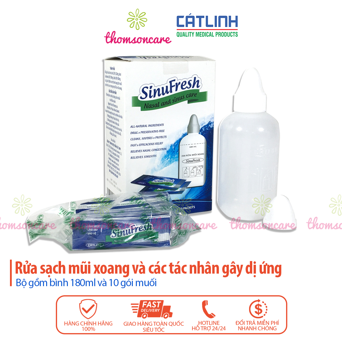 Bình xịt rửa mũi SinuFresh Cát Linh - Tặng kèm 10 gói muối - vệ sinh mũi xoang Sinu Fresh, giảm ngạt mũi cho bé và người lớn