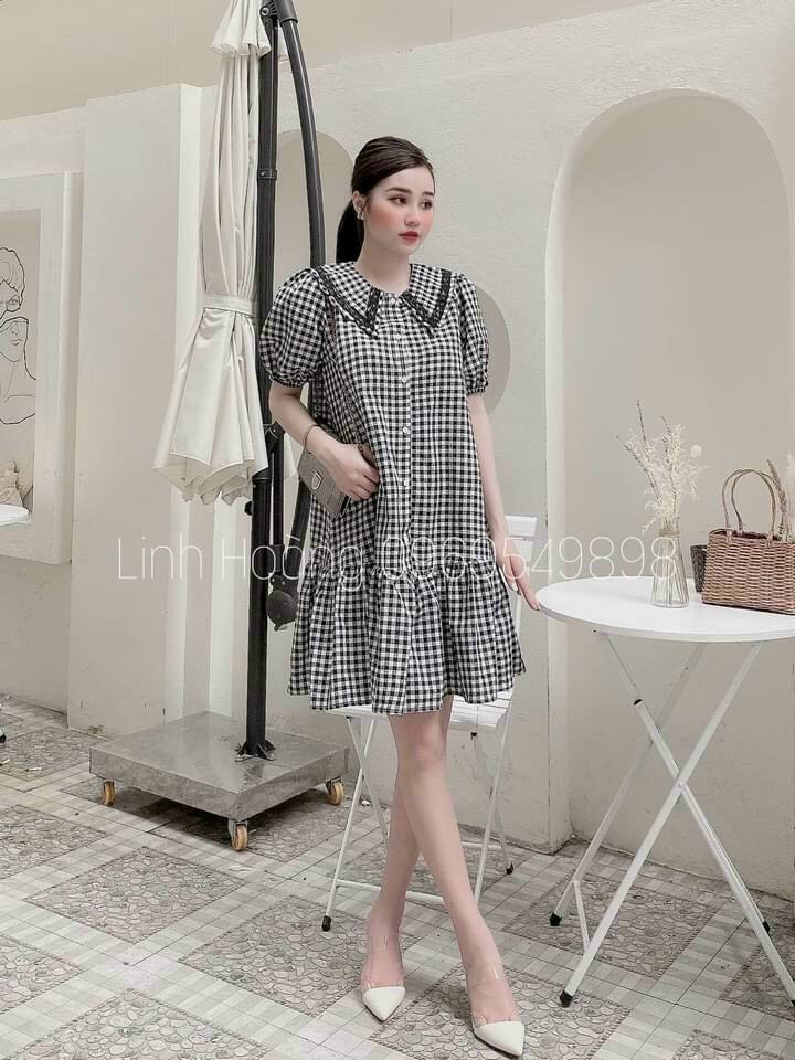 Váy caro cổ sơ mi phối đuôi cá nhẹ nhàng - bầu bì bon chen được