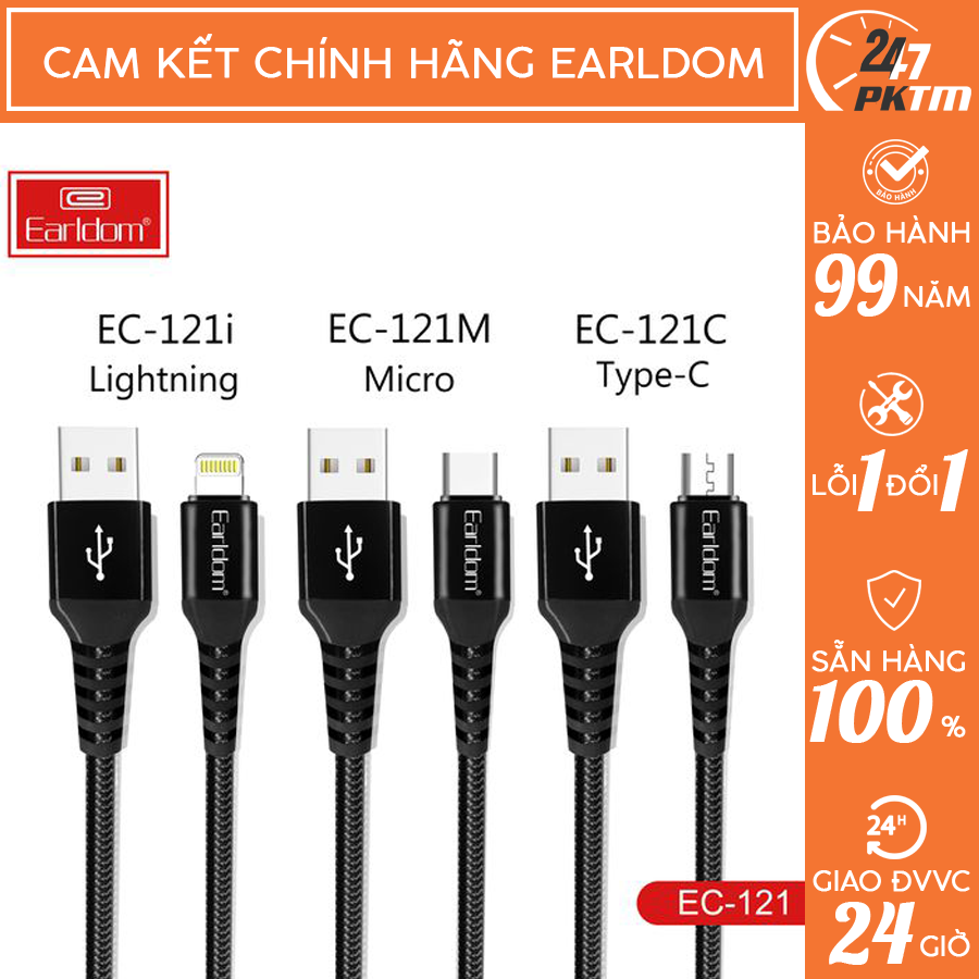 Cáp sạc nhanh 2.1a bọc dù 1m earldom ec - 121 | 🛑 phụ kiện thông minh 247 vn 🛑