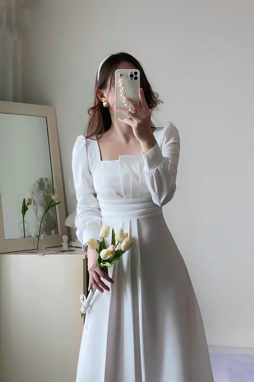 Đầm Dự Tiệc Dáng Suông Dài Xếp Ly Ngực , Đầm Trắng Đi Tiệc ,Đầm Cô Dâu Nhẹ Nhàng TANA D290