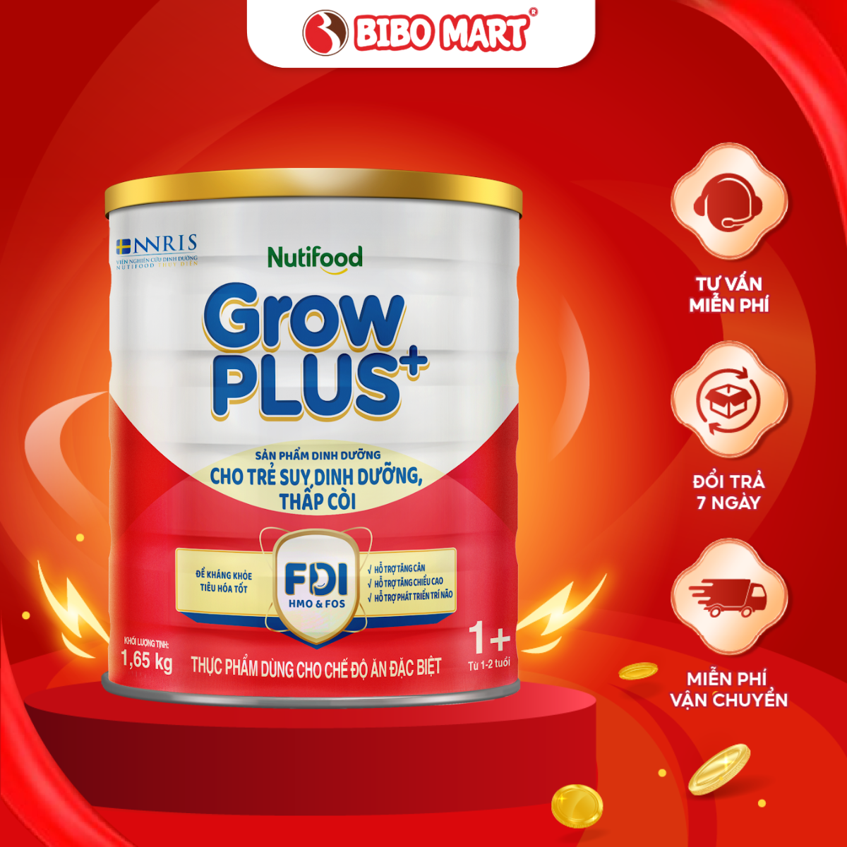 Sữa GrowPLUS+ Đỏ Lon 1,65kg Hỗ Trợ Tăng Cân Phát Triển Não Bộ Chiều Cao Dành Cho Bé Trên 1+ - Bibomart