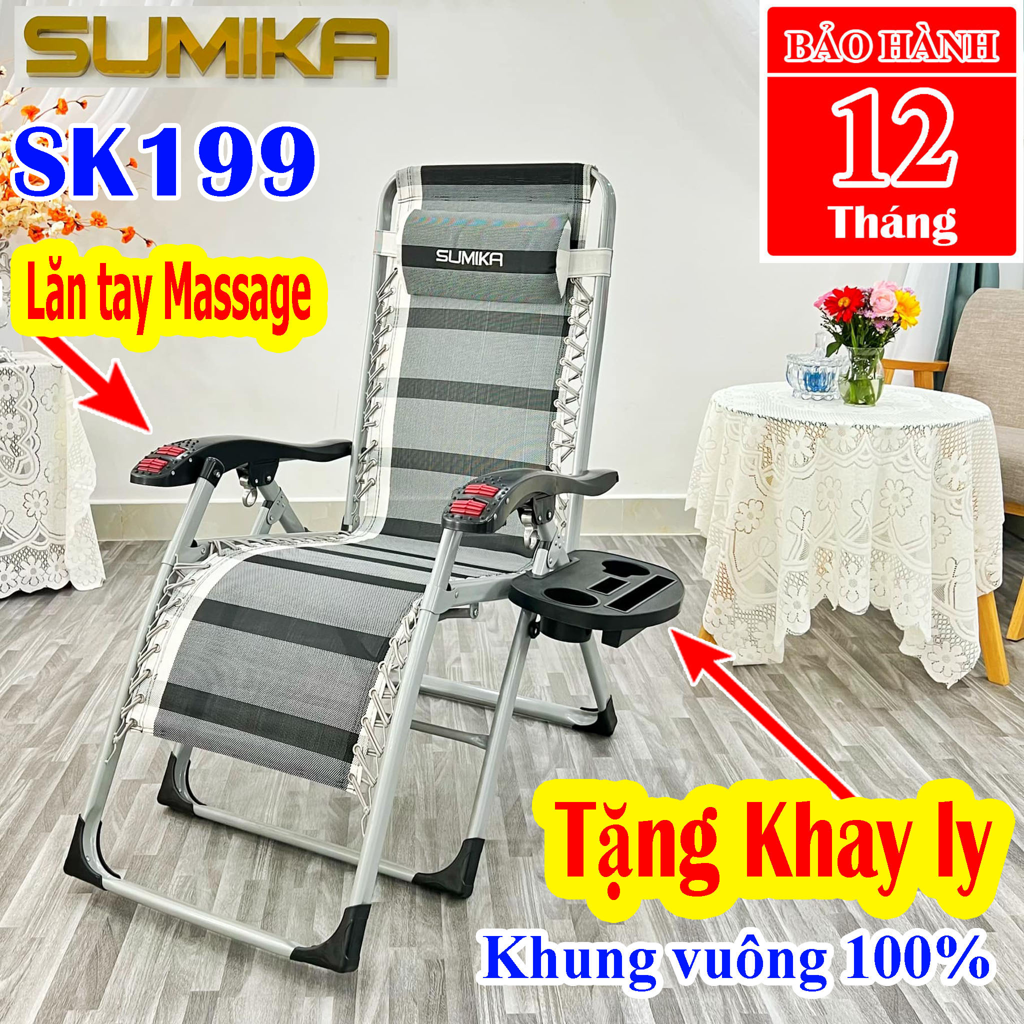 Ghế xếp thư giãn SUMIKA 199 - lăn tay massage, khung vuông cao cấp sk199 - sumika 199