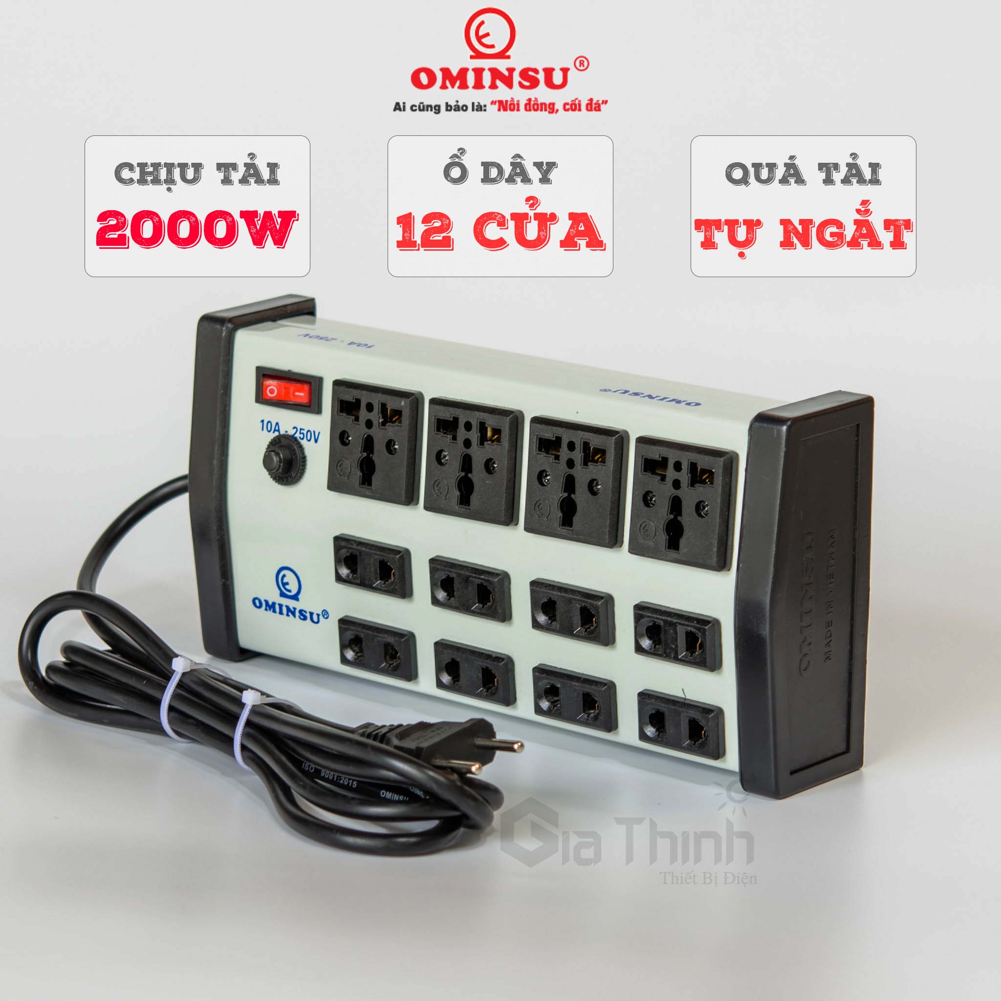 Ổ cắm văn phòng 12 lỗ ominsu 48t 2000w 4 chân cắm đa năng + 8 chân 2 chấu có cb chống quá tải dây dài 2.5m-4.5m