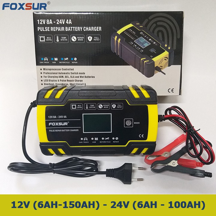 Bộ sạc bình ắc quy 12V 24V FOXSUR Có khử sunfat phục hồi ắc quy 6Ah-150Ah thông minh tự ngắt khi đầy chống ngược cực,sac ac quy