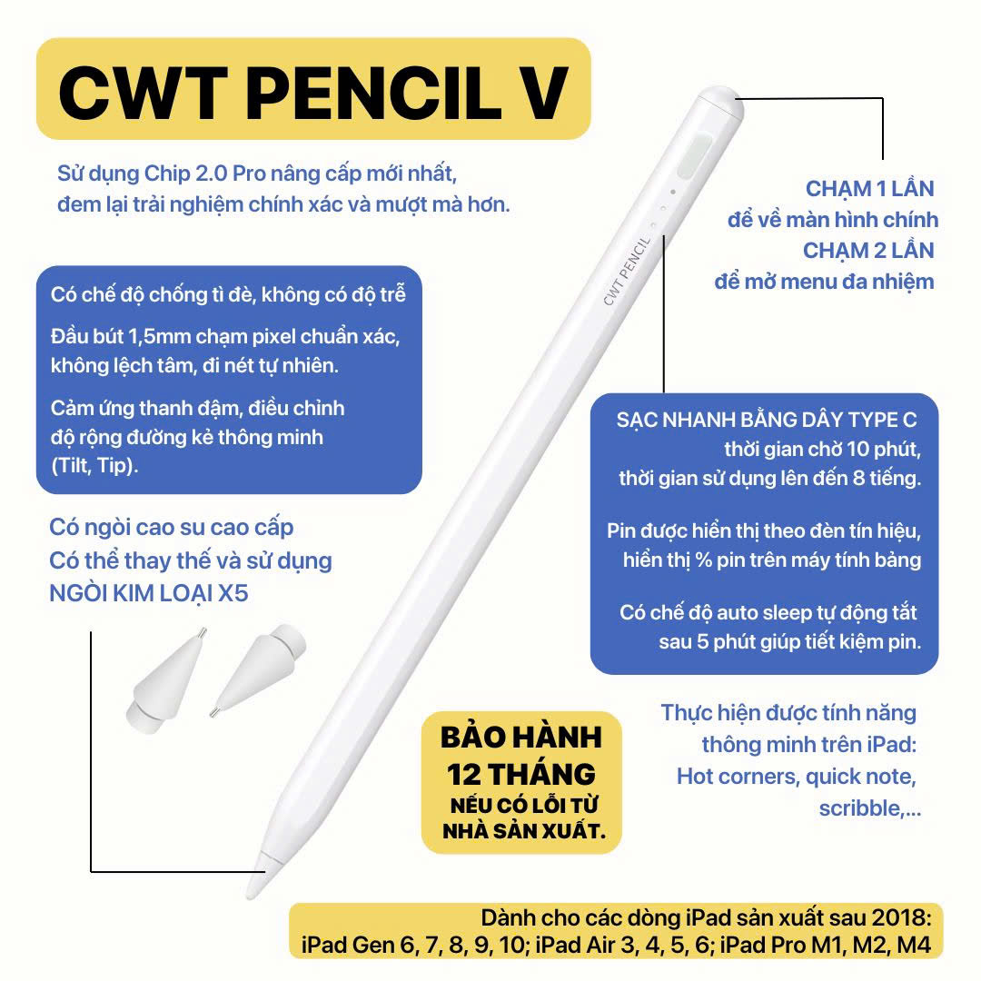 [ TẶNG 2 APP GOODNOTE VÀ PROCREATE] Bút cảm ứng CWT Pencil V hỗ trợ kết nối bluetooth/ chống tì đè