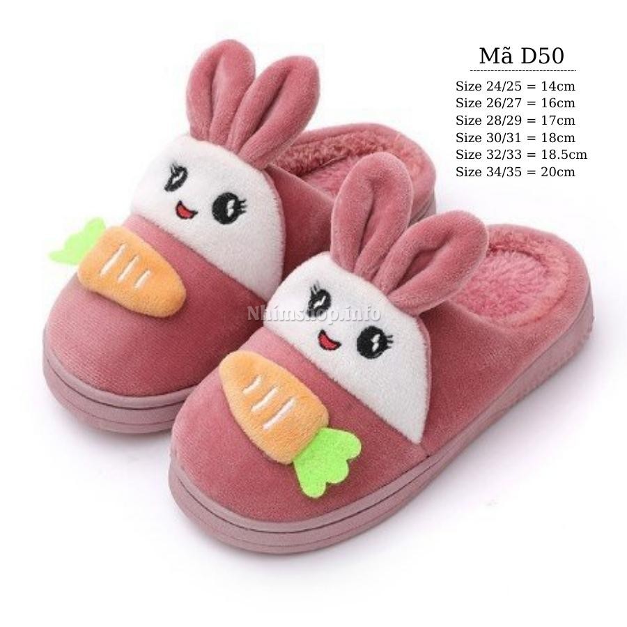 Dép bông đi trong nhà cho bé gái họa tiết thỏ gặm cà rốt siêu dễ thương lót lông ấm áp D50