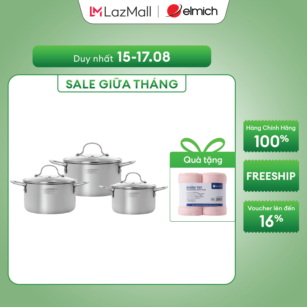 (Chỉ 15-17.08)Bộ nồi inox nguyên khối Elmich Trimax classic EL-2136OL01 size 18, 20, 22cm