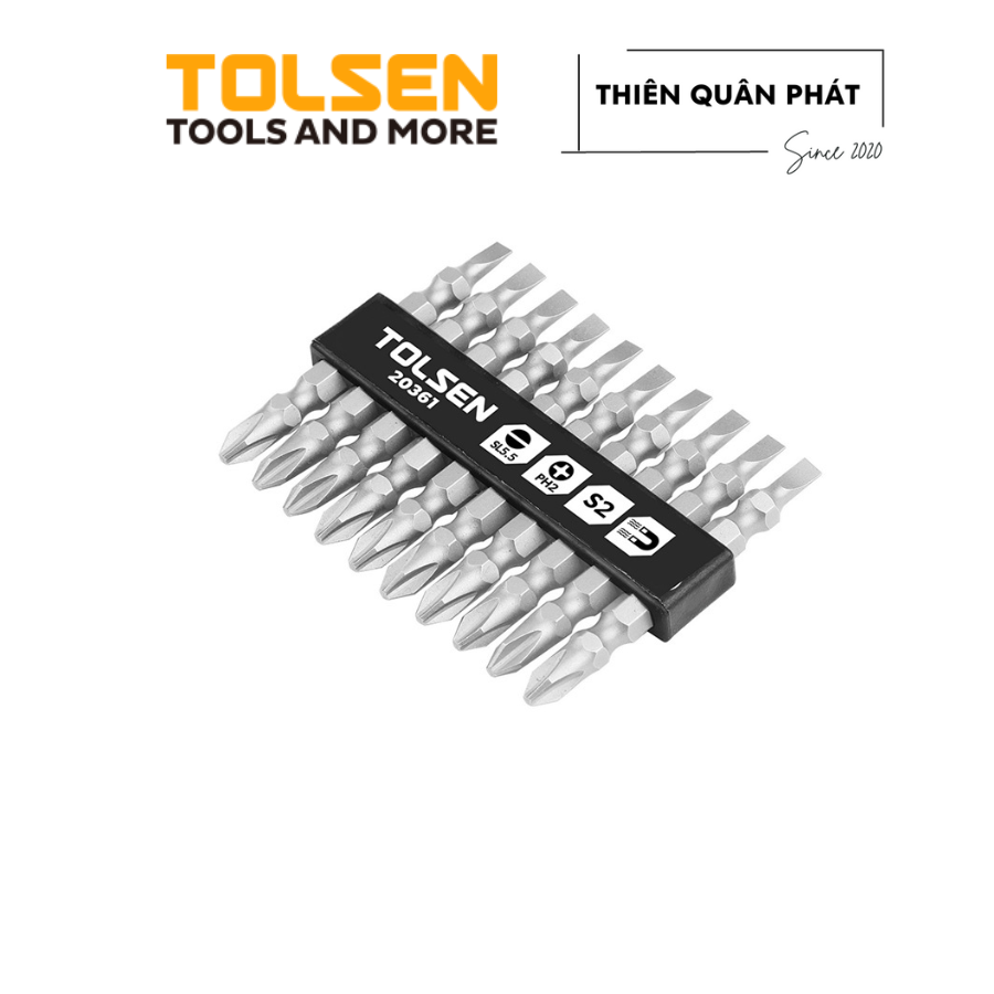 Bộ 10 mũi vít 2 đầu cộng trừ Tolsen 20361 làm từ thép công nghiệp S2 độ cứng cao