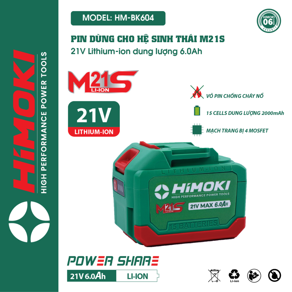 Pin xanh Himoki 10 Cell 4Ah/ 15cell 64Ah Xanh Mạch 4 mosfet có đèn báo pin - Pin máy khoan, máy mài, máy siết chân pin phổ thông m21
