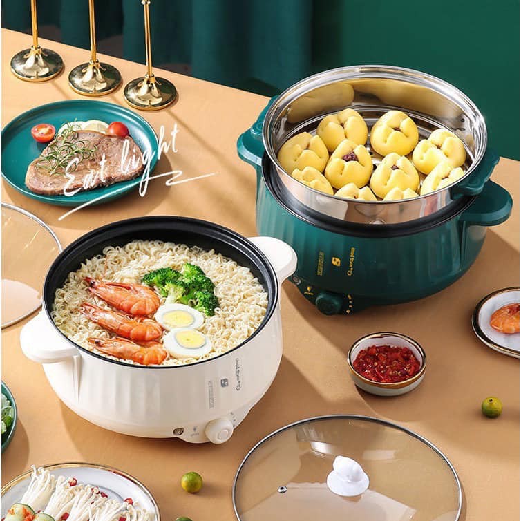 Nồi lẩu mini 3 nấc nhiệt 26cm có núm xoay kèm giá hấp inox