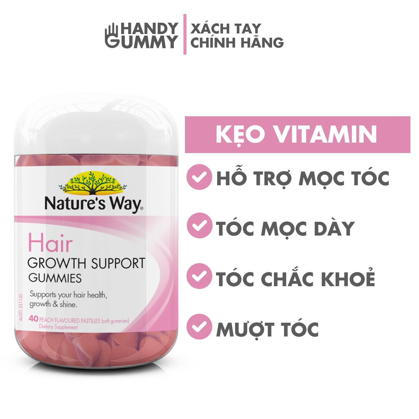 Kẹo dẻo Mọc Tóc Hair Growth Support Nature's Way lọ 40 viên