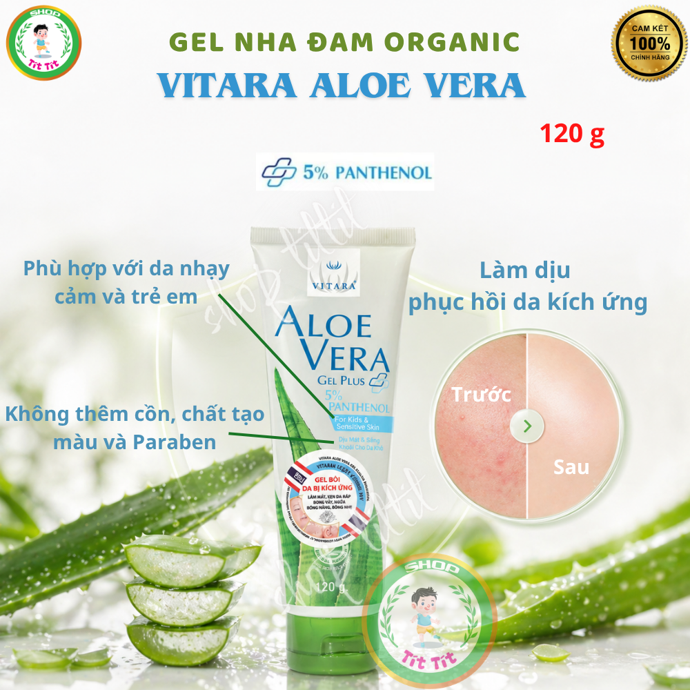 Organic Aloe Vera Gel for Skin Soothing Vitara Aloe Vera Thailand 120Gr, Soothes Skin after Sunburn, Roughness, and Burns.