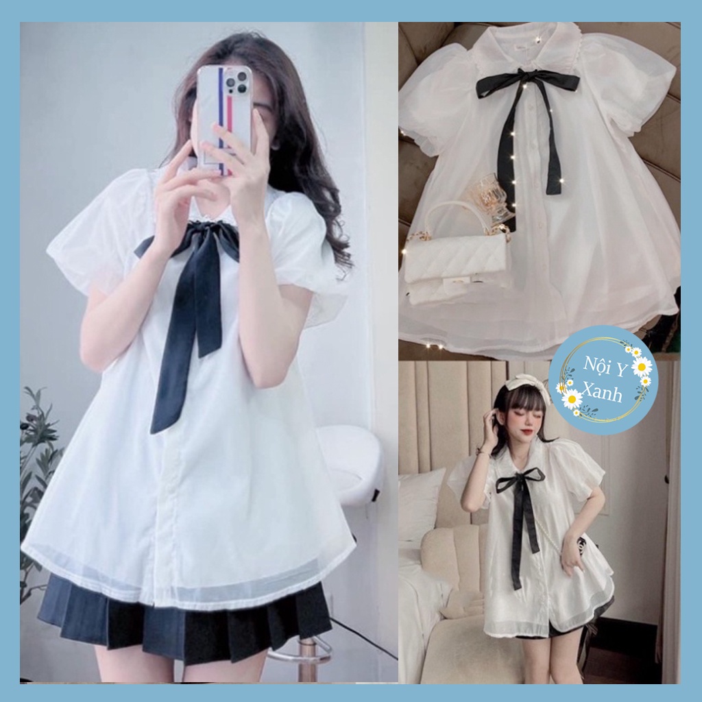 [Hoàn tiền 25%] Áo sơ mi babydoll cộc tay ren tơ form thụng dáng xòe áo sơ mi kiểu nữ_027 chất mát nữ bánh bèo ngắn tay ngực nhún