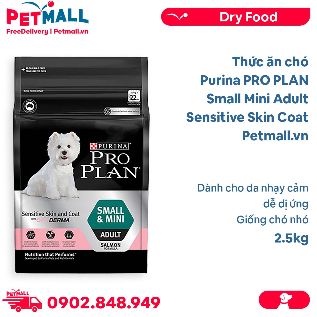 Thức ăn chó Purina PRO PLAN Small Mini Adult Sensitive Skin Coat 2.5kg - Dành cho da nhạy cảm dễ dị ứng giống chó nhỏ Petmall