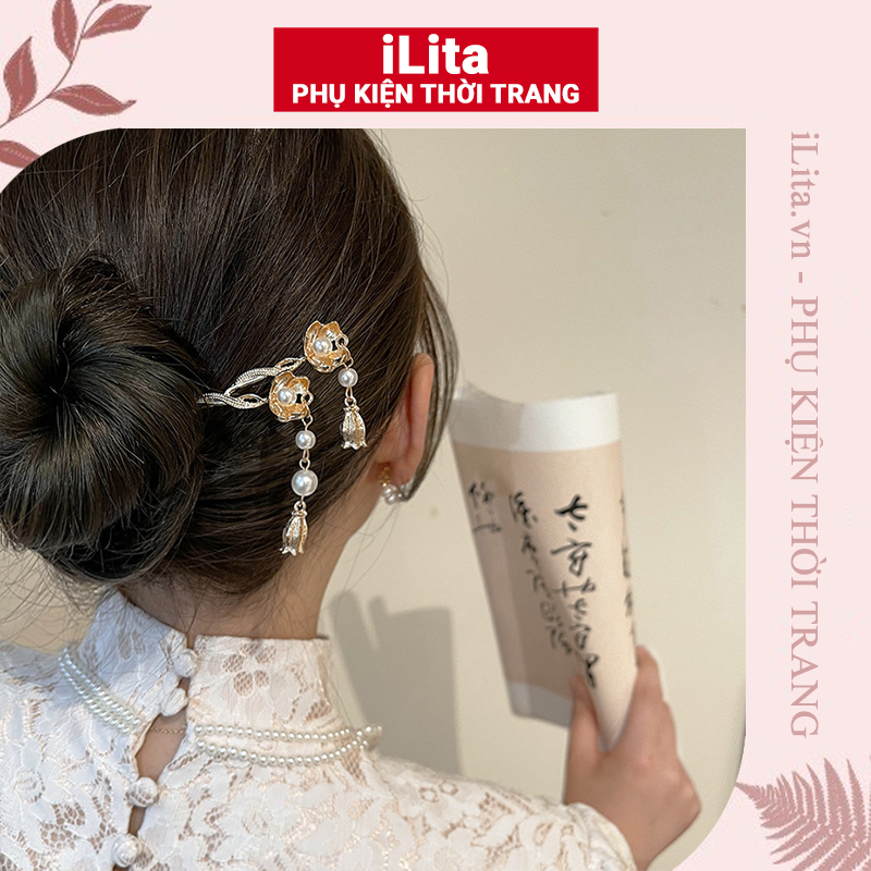 Trâm cài tóc cổ trang cô dâu phong cách Hàn Quốc hottrend 2023 iLita châm cài tóc gỗ kim loại đơn giản
