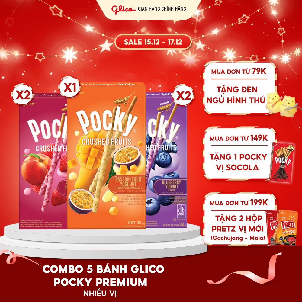 Combo 5 Hộp Bánh Que Pocky Premium Trái Cây Nghiền Sữa Chua Mix Vị 2 Việt Quất - 2 Dâu Đào - 1 Chanh Dây Xoài 38g Hộp