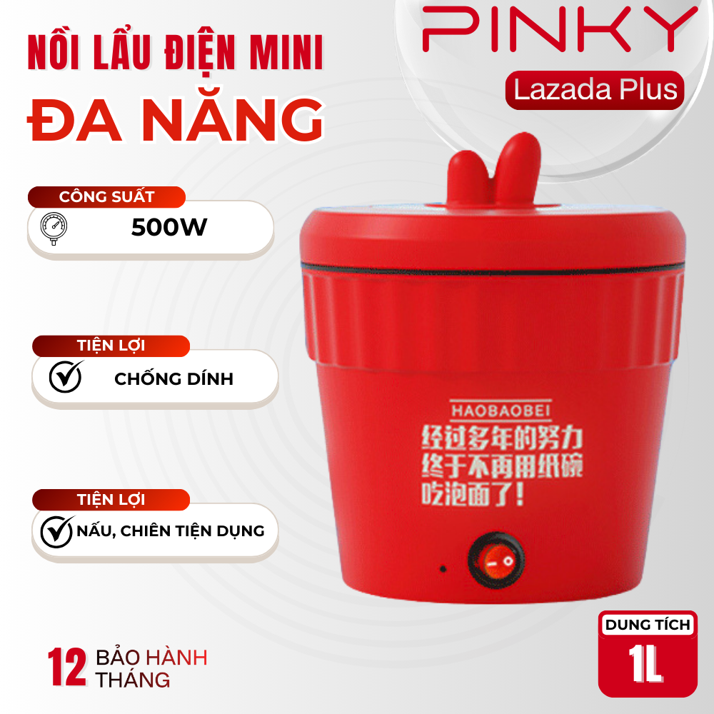 Nồi Điện Nấu Mì, Nồi Lẩu Điện Mini Đa Năng, Cốc Lẩu Điện Chống Dính Dung Tích 1L Công Suất 500W Nấu Cháo, Mì, Chiên Tiện Dụng, Sử Dụng Dễ Dàng