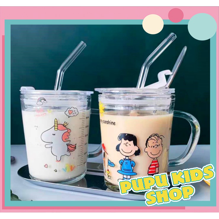 Cốc pha sữa thủy tinh chia vạch kèm ống hút cho bé 350ml