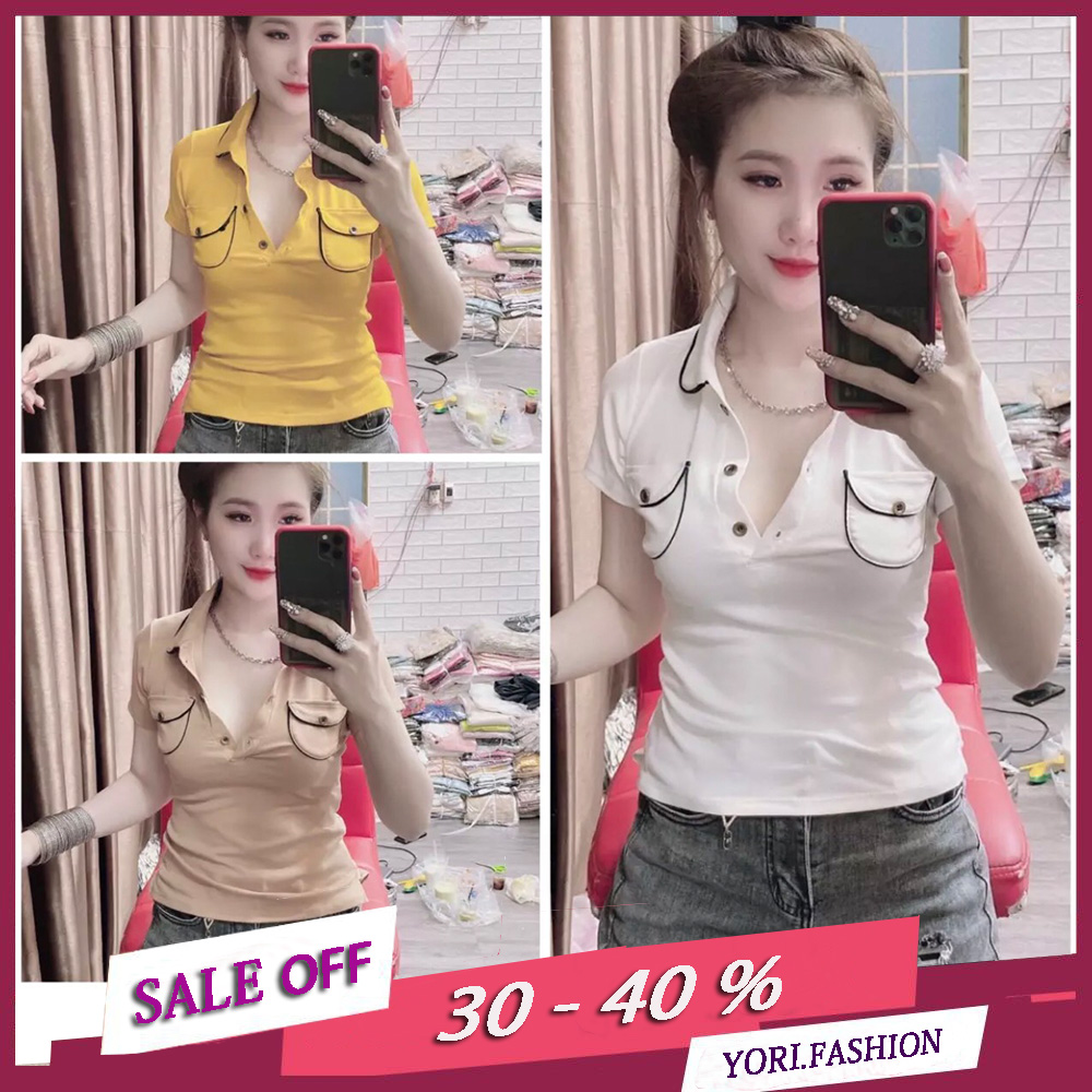 Áo thun cổ đức phối 2 túi, áo thun cổ bẻ túi nắp cá tính, áo thun polo nữ