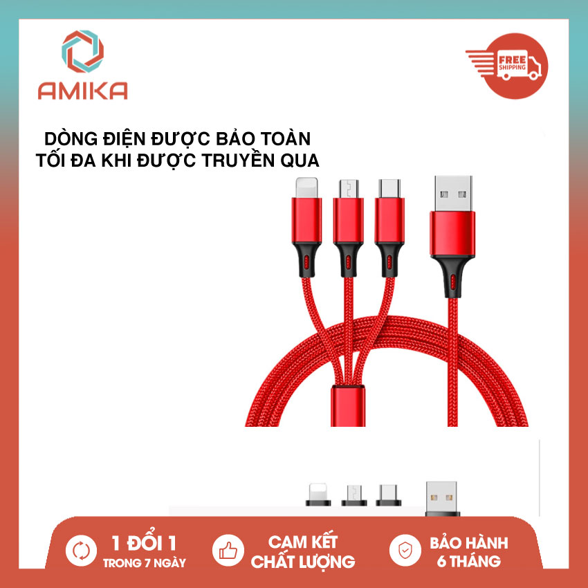 [ Hàng cao cấp có hộp ]Cáp sạc đa năng 3 đầu Lightning - MicroUSB - Type-C dài 1m2 sạc 3 thiết bị cùng một lúc.Cáp Sạc Nam Châm,Cáp Sạc Iphone,Cáp Sạc Type C,Cáp Sạc Sam Sung,Cáp Sạc Nhanh.