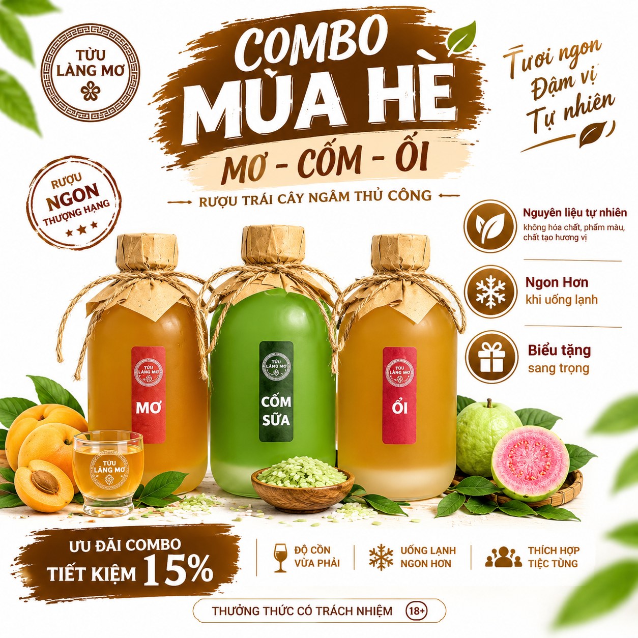 [GIẢM 20%] Combo Mùa Hè: Mơ - Cốm Sữa - Ổi - Rượu Thủ Công Không Hóa Chất - 100% Nguyên Liệu Tự Nhiên - Hương Vị Đậm Đà