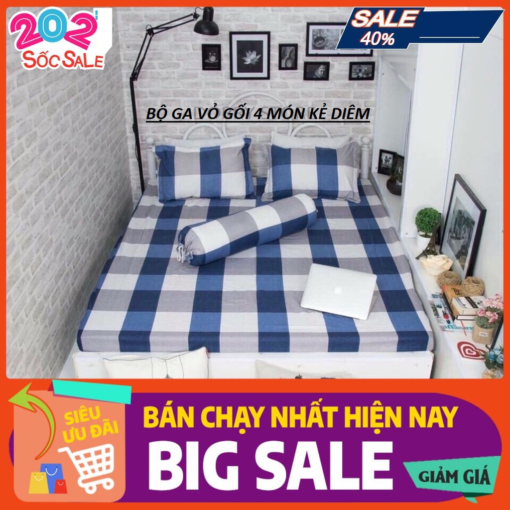 (4 món)Bộ ga gối cotton poly 1m6 x 2m kẻ caro drap giường poly, ga trải giường kèm 2 vỏ gối nằm và 1 vỏ gối ôm đơn giản - Bộ 4 món chăn ga gối dày dặn cao cấp - bộ ga vỏ gối