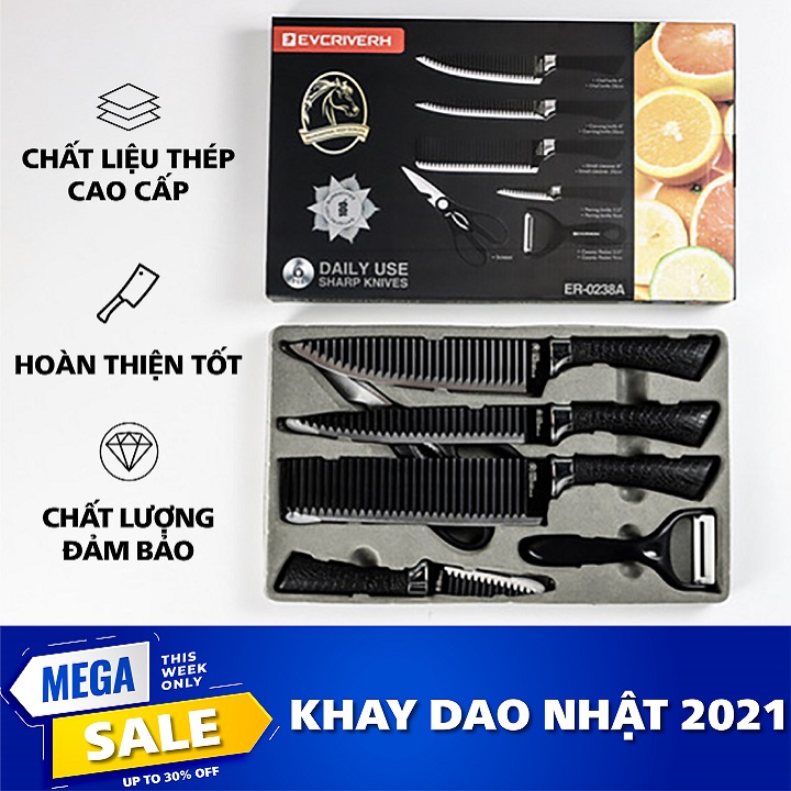 Bộ Dao Nhật chính hãng cao cấp 6 món Chống Dính Không gỉ sét, dao gợn sóng, dao buck
