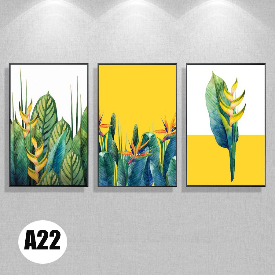 Tranh treo tường 3 bức họa tiết hoa thiên màu vàng