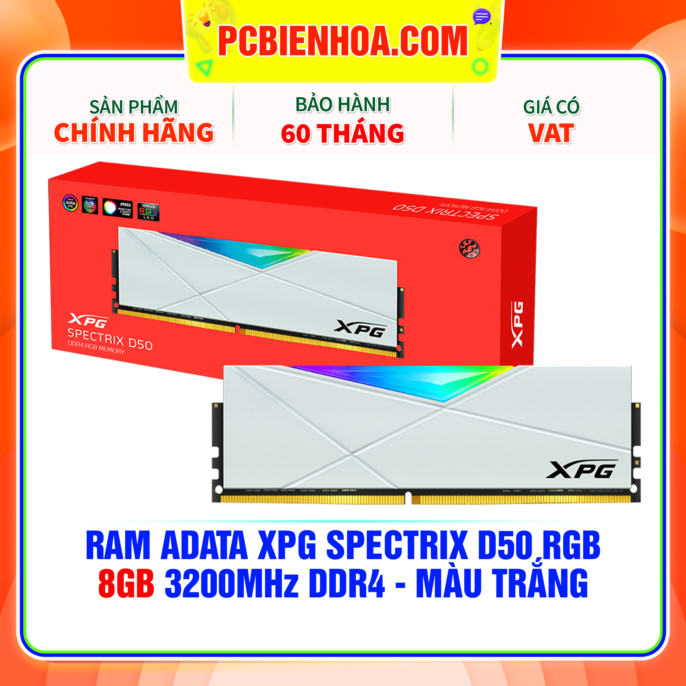 RAM ADATA XPG SPECTRIX D50 RGB - 8GB 3200MHZ DDR4 - MÀU TRẮNG