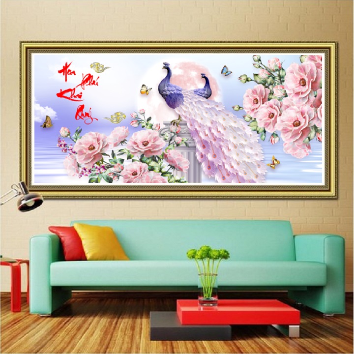 Tranh đính đá hoa khai phú quý lv256 kt:110*55cm