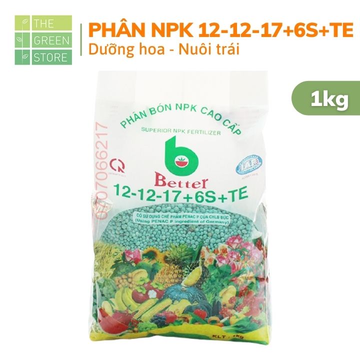 Phân bón NPK Better 12-12-17+6S+TE (1kg) kích dưỡng hoa lâu tàn, tăng đậu trái, nuôi trái cho hoa hồng, mai vàng, cây cảnh, rau sạch, cây ăn quả