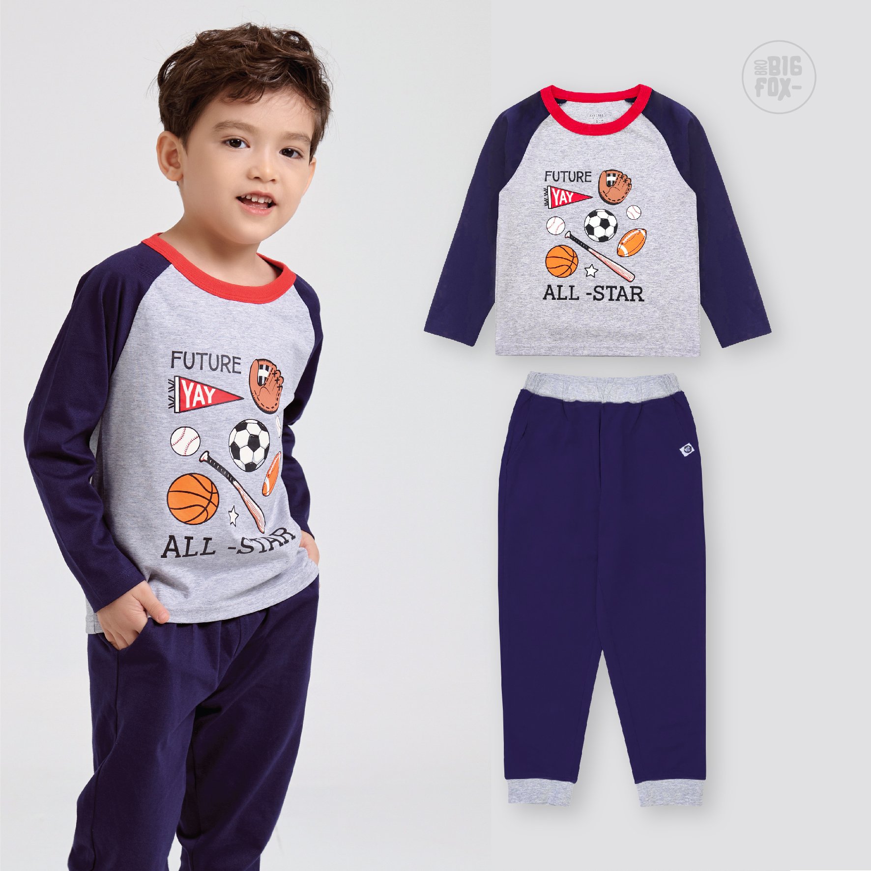 Đồ bộ quần áo dài tay cho bé trai bé gái cotton BIGFOX - MISS MEOW mặc mùa thu đông size đại trẻ em hình in quả bóng 10 - 26 kg
