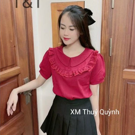 Áo sơ mi ngắn tay chất đũi cổ bẻ phối bèo xinh xắn v302
