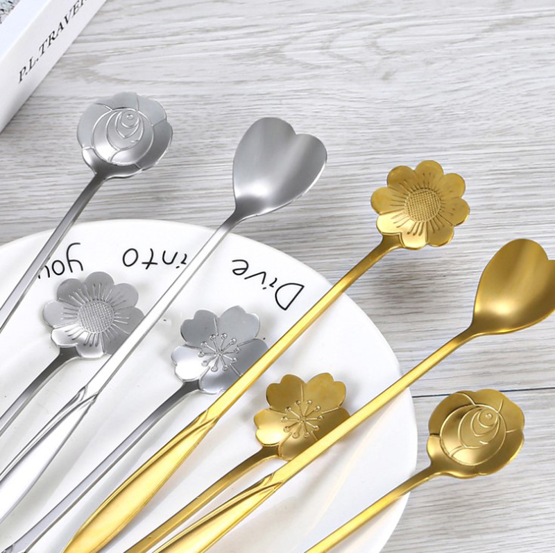 Thìa cà phê Inox cán dài 18cm hình bông hoa phong cách Nhật Bản