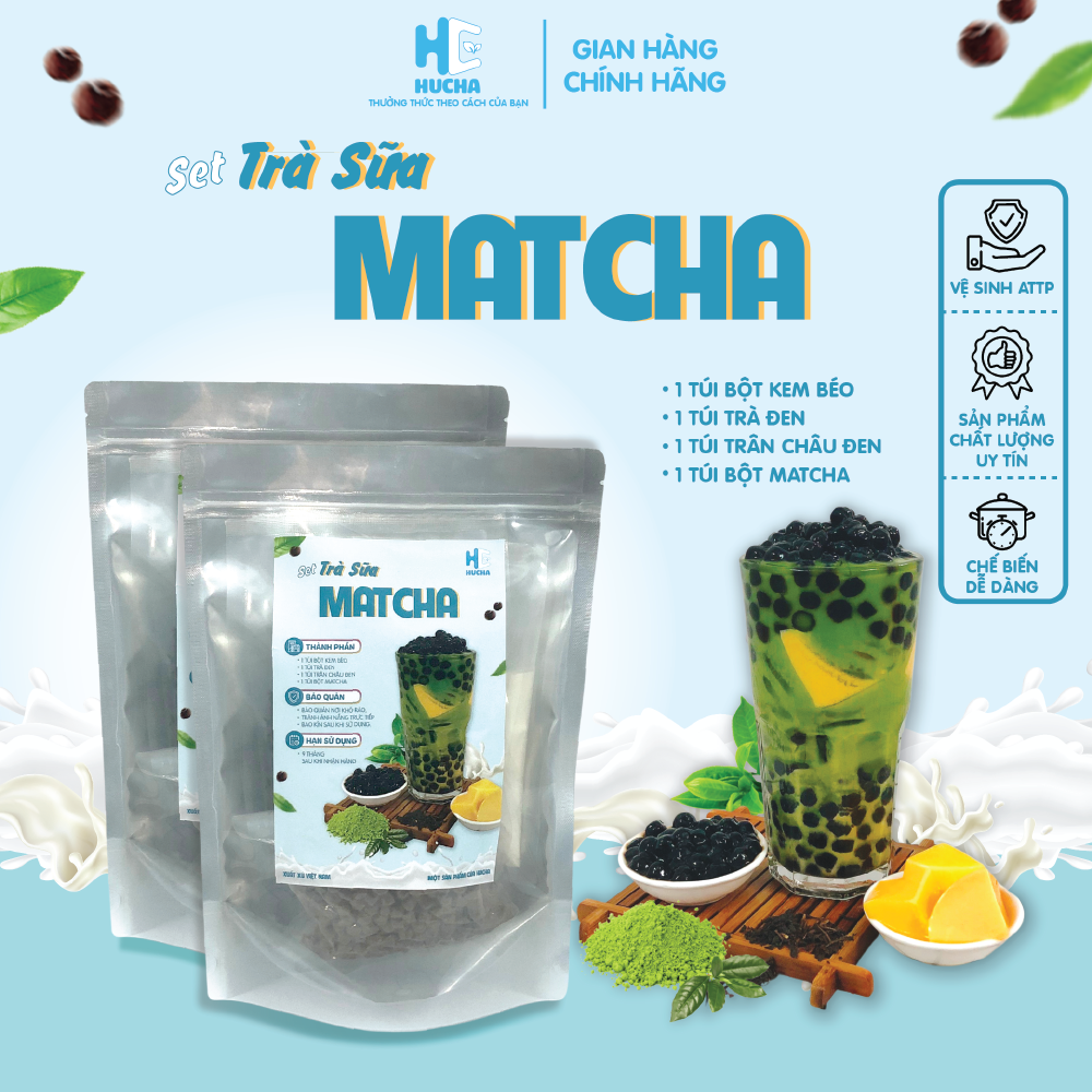 Sét trà sữa Matcha nấu tại nhà thơm ngon đậm vị trà béo vị sữa 15-20 ly - nguyên liệu Hucha