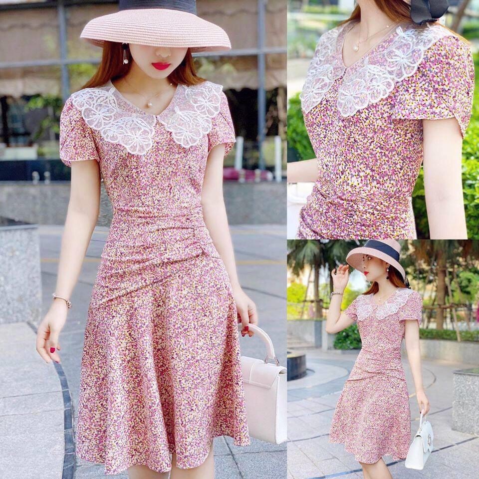 Đầm hoa nhí vintage, đầm hoa nhí tone hồng phối cổ ren nữ, váy hoa nhí vintage cổ V, đầm xòe cổ V thanh lịch, dam hoa nhi, váy hoa nhí phong cách hàn quốc, đầm hoa dự tiệc