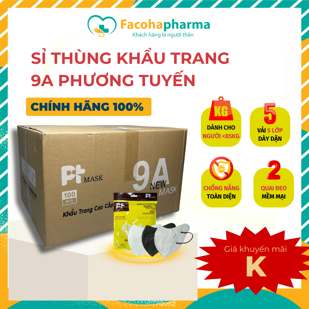  Thùng sỉ 100 bịch khẩu trang 9A PT mask cao cấp 5 lớp kháng khuẩn thiết kế 3D che nắng phổ rộng 