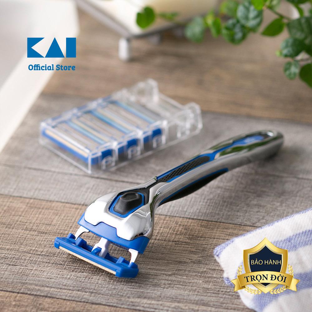 Dao cạo râu cao cấp Nhật Bản KAI Axia+4 thiết kế 5 lưỡi ưu việt kèm 4 đầu thay | Lưỡi titan an toàn đầu xoay linh hoạt | Gian hàng chính hãng