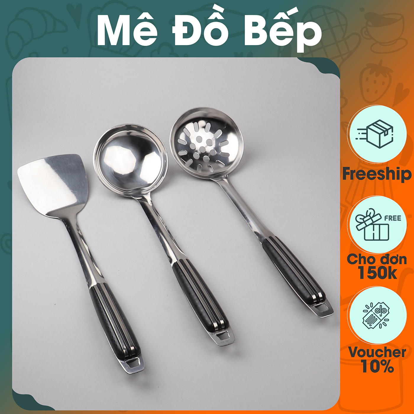 Set Vá đặc, Vá lỗ, Xẻng đặc inox Bam House cán nhựa đen cao cấp siêu bền SCD15 - Gia dụng bếp