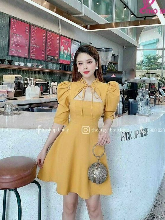 Đầm đi tiệc cổ tầu, đầm tiểu thư chữ a, đầm basic đơn giản cách điệu cổ sexy, đầm tay lỡ sang chảnh