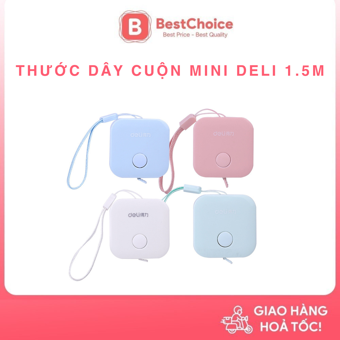 Thước dây cuộn mini tự động deli 1.5m có 2 đơn vị đo cm/inch | 79650