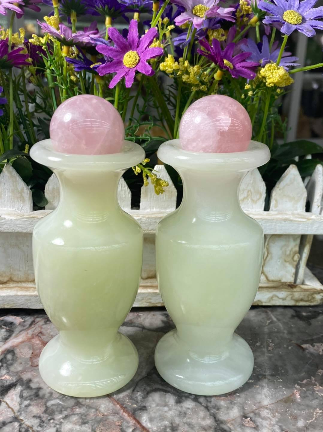Bộ combo cặp Lục Bình Lọ Hoa đá ngọc onyx kết hợp quả cầu đá thạch anh hồng phong thủy