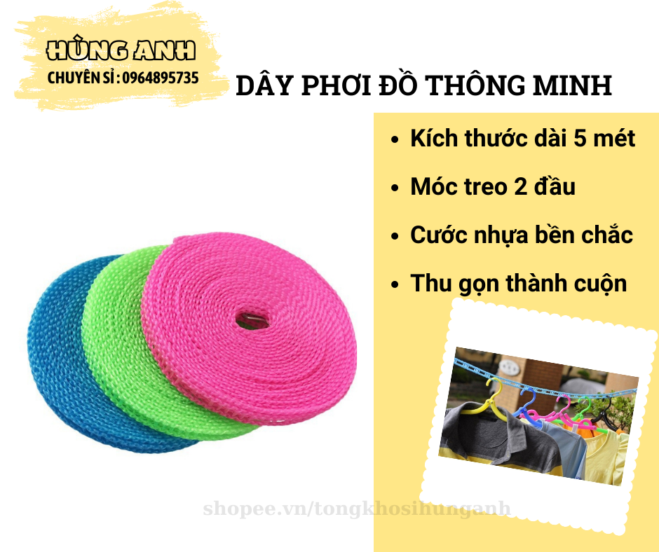 Dây phơi quần áo, dây phơi đồ thông minh dài 5m khe móc không bay đồ ha239